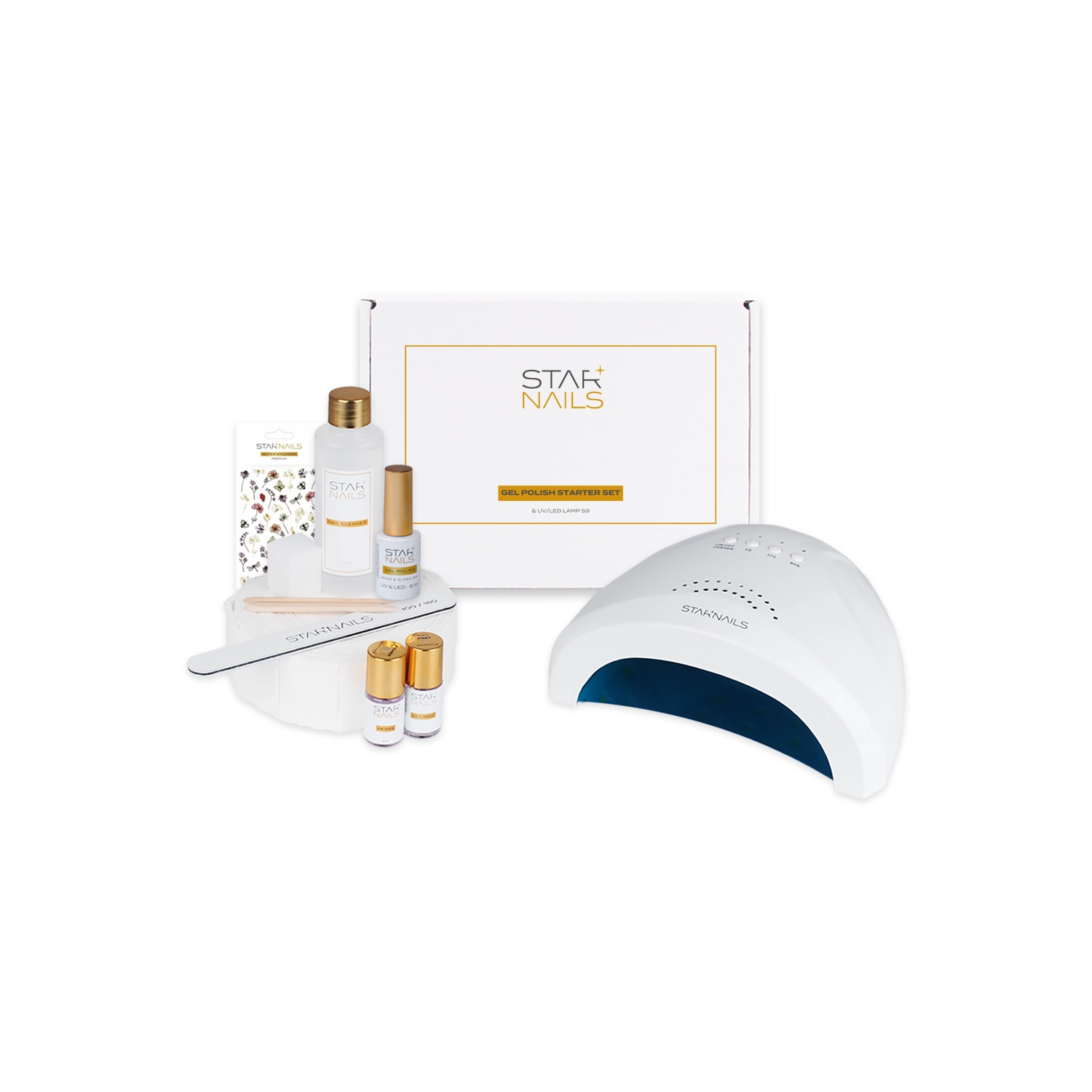 Sada STARNAILS Gel Polish Starter Set + UV/LED S9 - univerz&aacute;lny z&aacute;klad pre model&aacute;ž g&eacute;l lakom